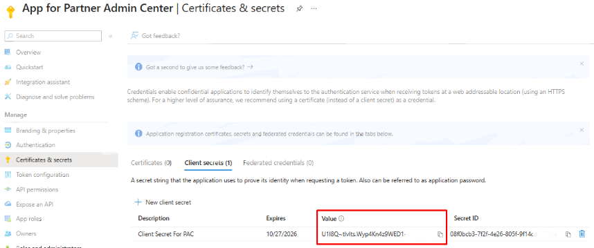 Client secret value